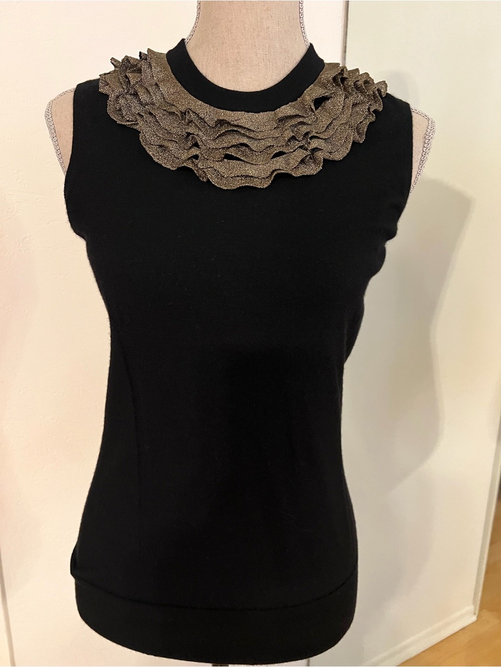 Vintage Dolce & Gabbana Cashmere Black Sleeveless Top with Gold Ruffle Neck